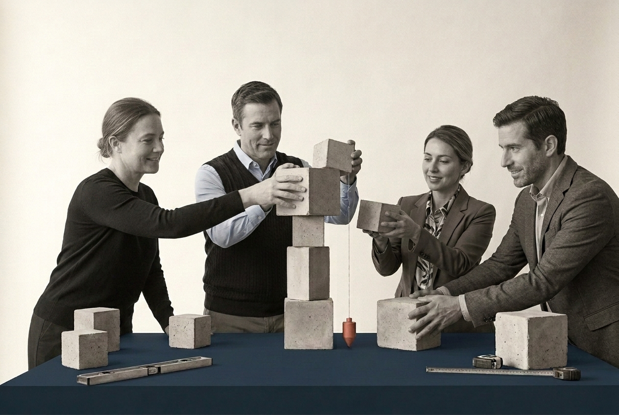 Un equipo construye junto una torre de bloques sobre la mesa, verificada con la plomada