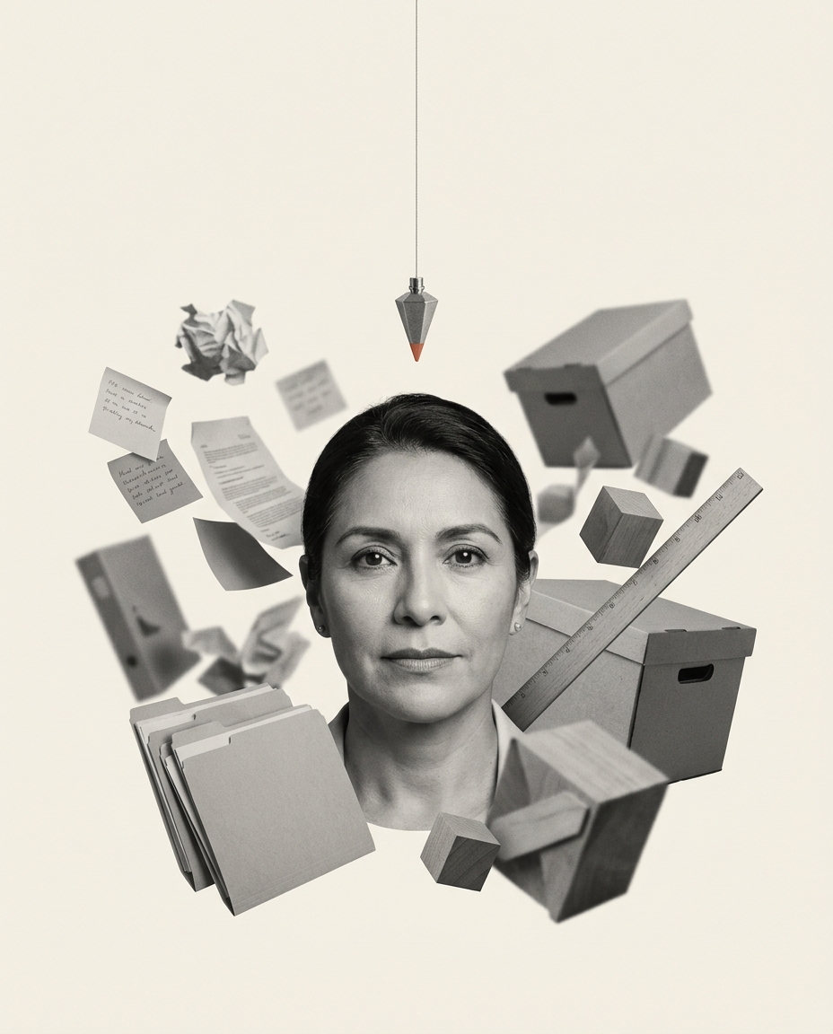 Collage conceptual: un rostro sereno como punto de calma en medio del ruido, con una plomada