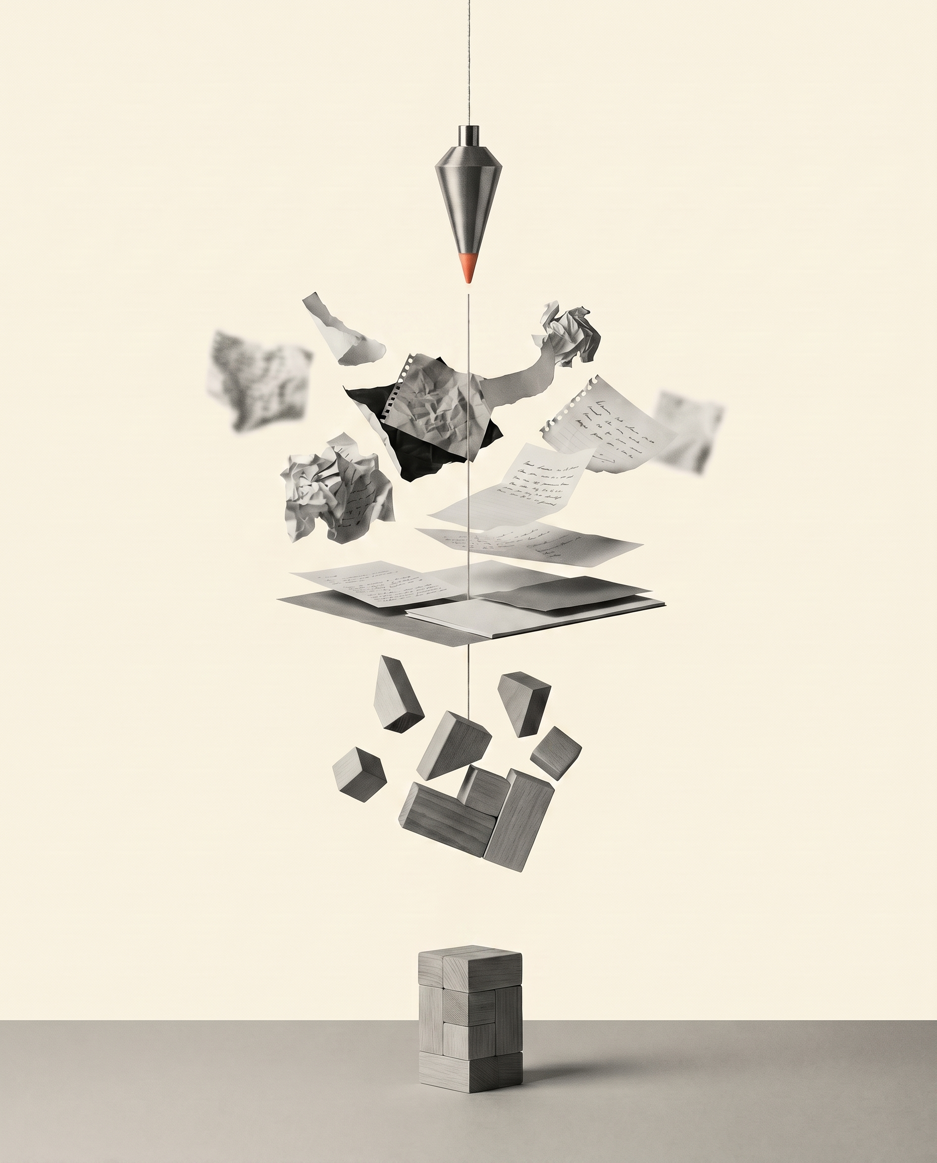 Collage conceptual: una plomada desciende y a su paso papeles en desorden se alinean hasta formar una estructura ordenada